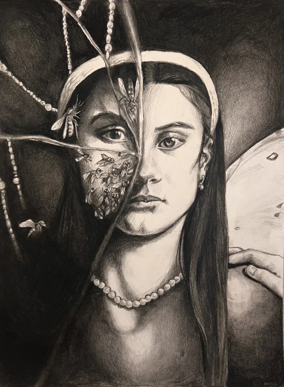Charcoal portrait of a young woman reflected in a mirror, with hanging beads and a pearl necklace.